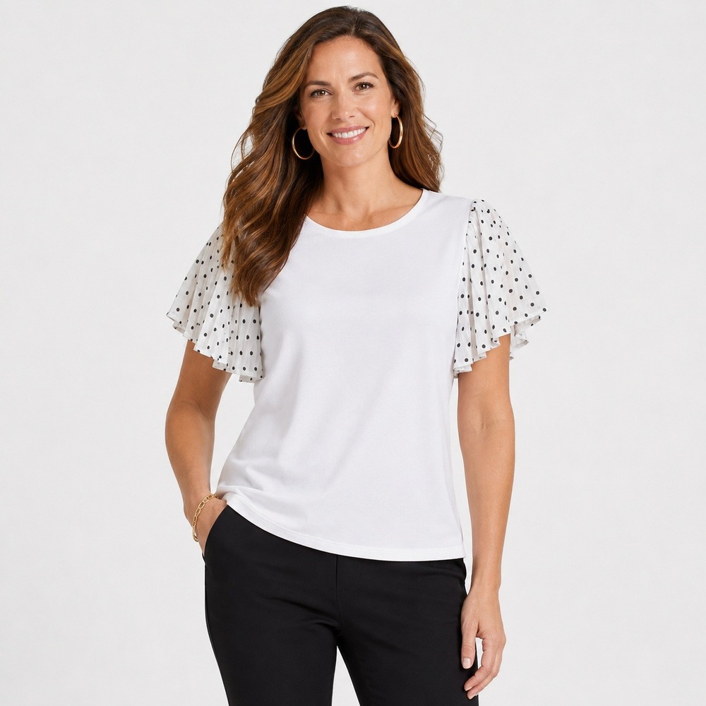 Rio & Rian New York‎ White Polka Dot Pleated Flutter Sleeve Top Blouse Large NWT